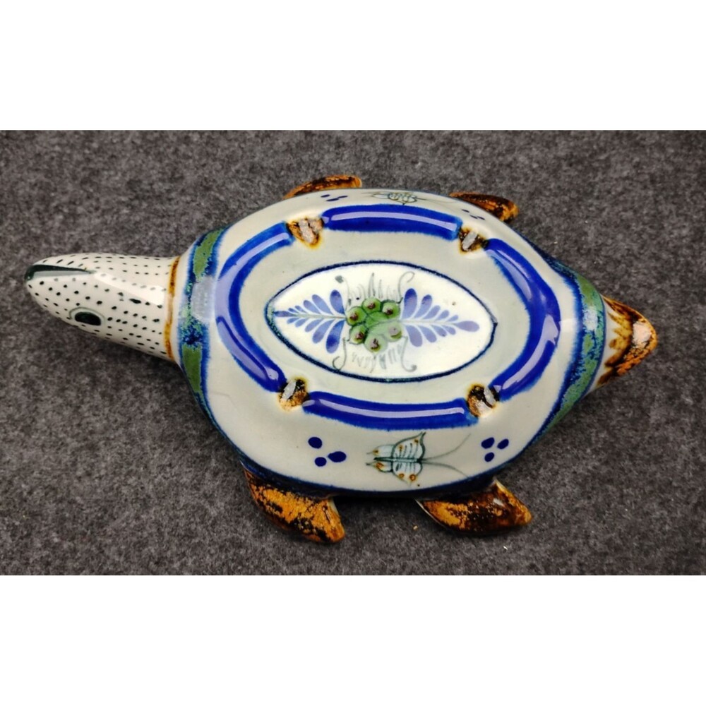 Vintage Tonala Mexican Pottery Happy Sea Turtle Ashtray Trinket Dish Signed